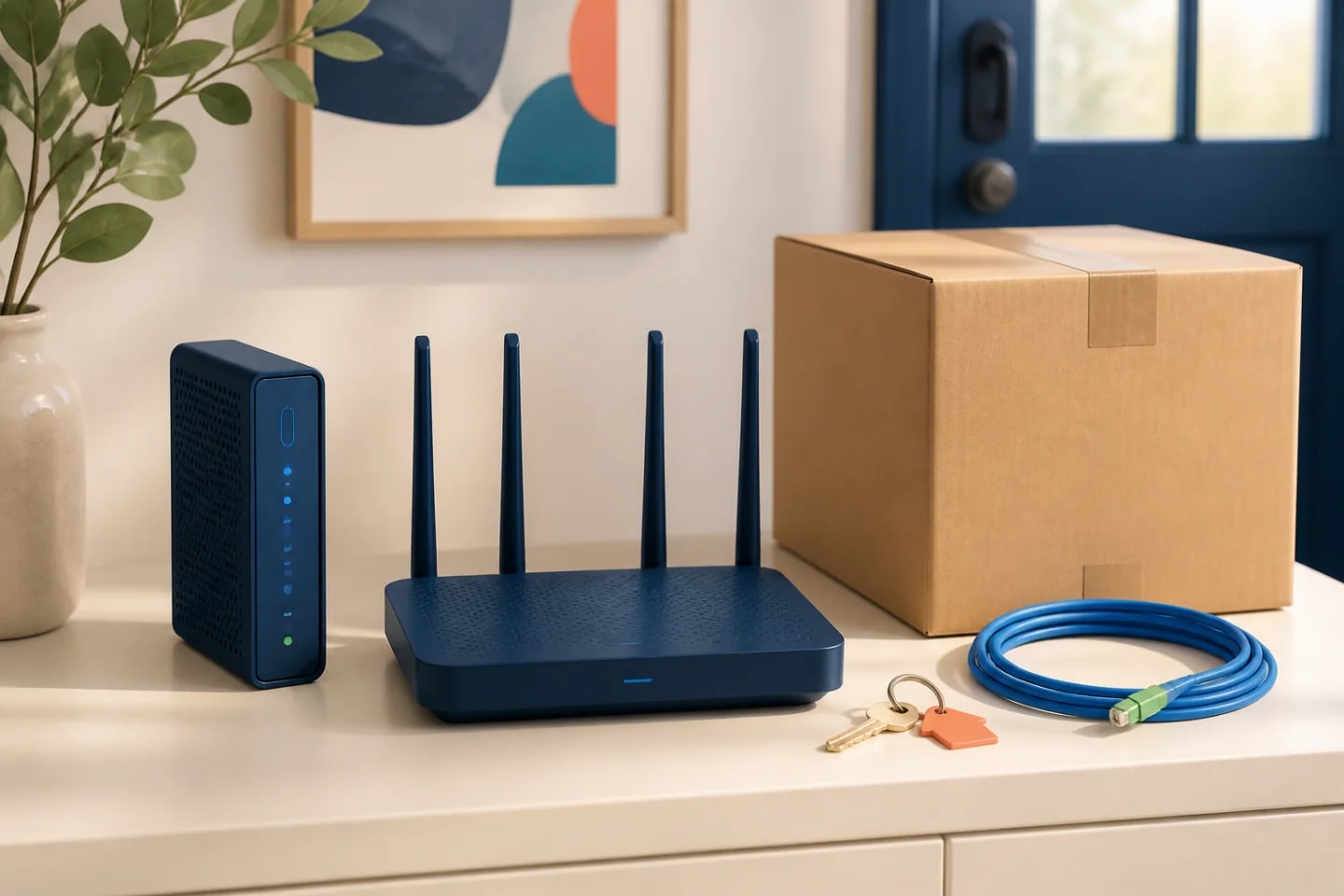 Internet router, modem, fiber cable, moving box, and house keys ready for a move