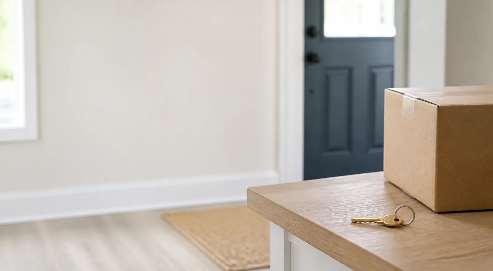A bright home entryway with moving boxes, ready for move-in