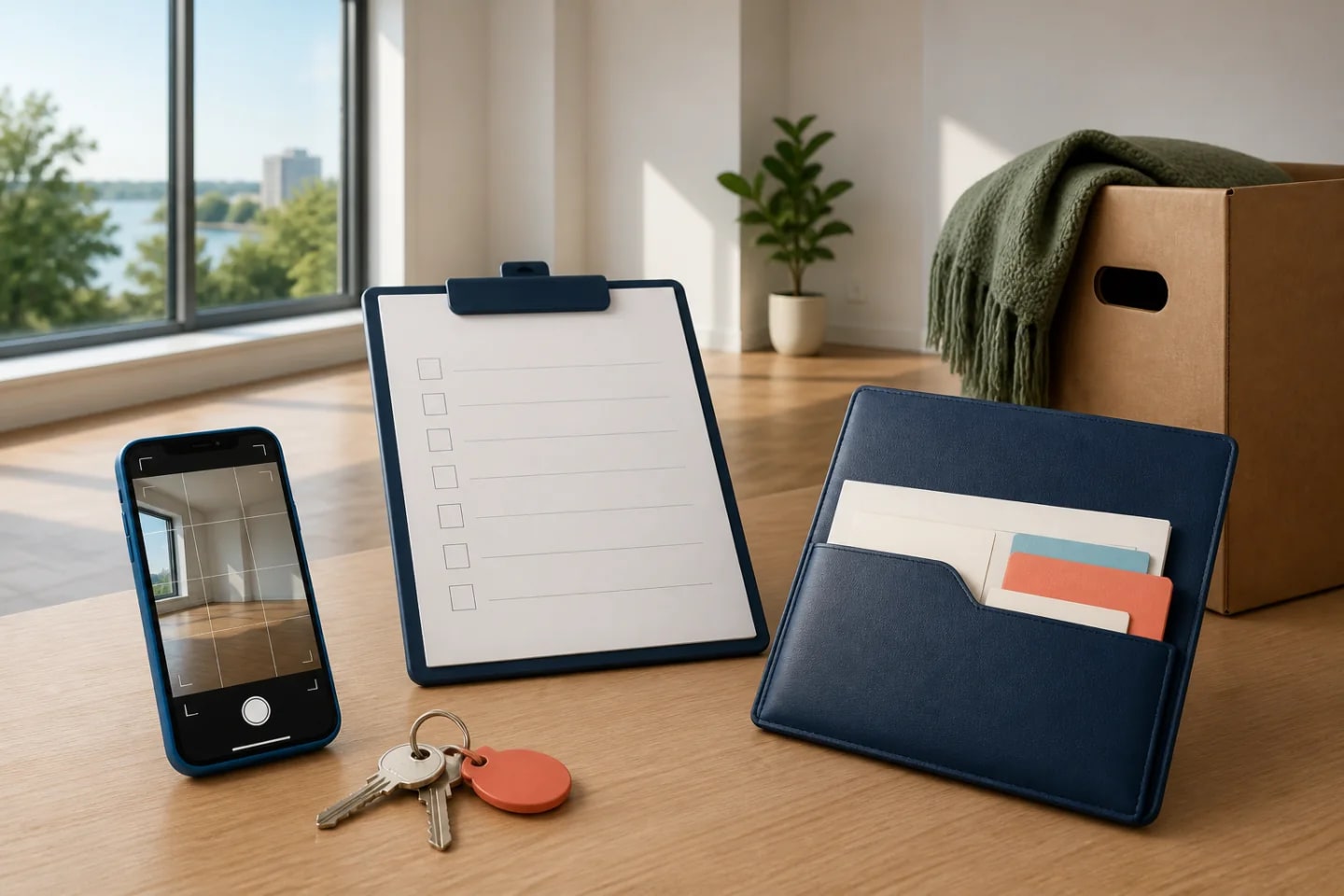Apartment move-in checklist, phone camera, key ring, document folder, and moving box